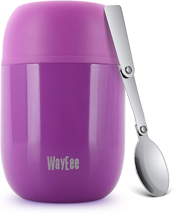 WayEee Food Flask, Stainless Steel King Food Jar with Folding Spoon-450ml (Purple)