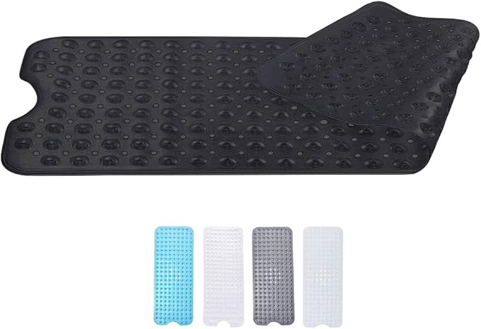 Zuvo -Extra Long Bath Mat (100 X 40cm, Black) - Shower Mat Non Slip Anti Mould, Machine Washable Rubber Shower Mat with Powerful Suction Cups for Kids and Elderly