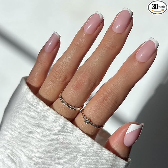 Glamnetic Press On Nails - Classy French | Medium Square Fake Nails, Trendy Micro French Tip, Everyday, Reusable | 15 Sizes - 30 Nail Kit