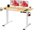 SANODESK Electric Standing Desk ONE PIECE 110 * 54 Height Adjustable Desk With Memory Smart Panel Sit Stand Table With Hooks and Cupholder for Home Office (White Frame+Maple Desktop)
