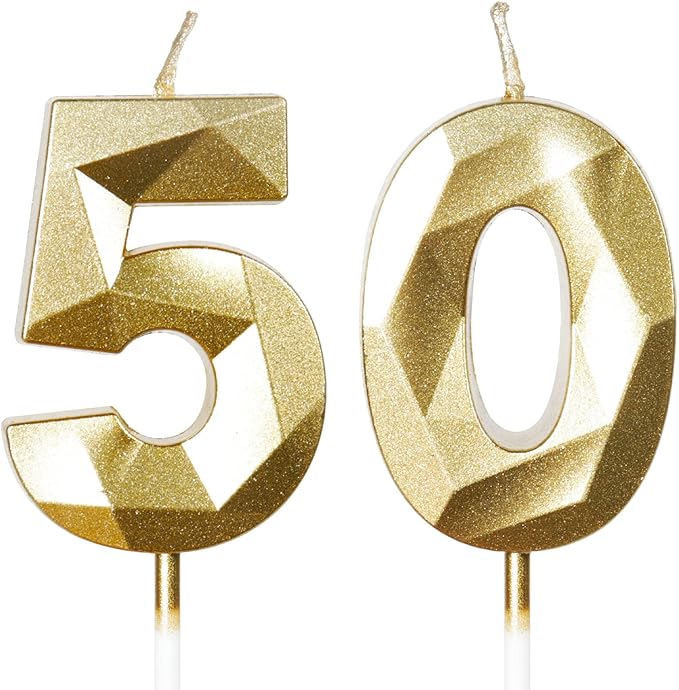 Yiran 50th Birthday Candles, Gold Number 50 Happy Birthday Candles, Cake Topper Decorations for Birthday Party, Wedding Anniversary Celebration Supply