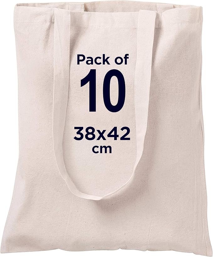 CENTRIX Natural Cotton 10 pack 15 X 16 inch reusable grocery bags, 5.5 oz cotton canvas tote, eco friendly super strong washable great choice for promotion branding and gift