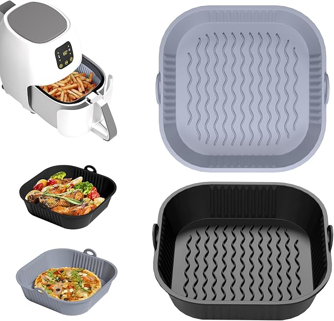 Diboniur Silicone Air Fryer Liner Square, 2 Pack 8 Inch Reusable Airfryer Liners Silicone Air Fryer Accessories, Airfryer Silicone Baking Tray Basket for Ninja, Tower, COSORI (Gray and Black)