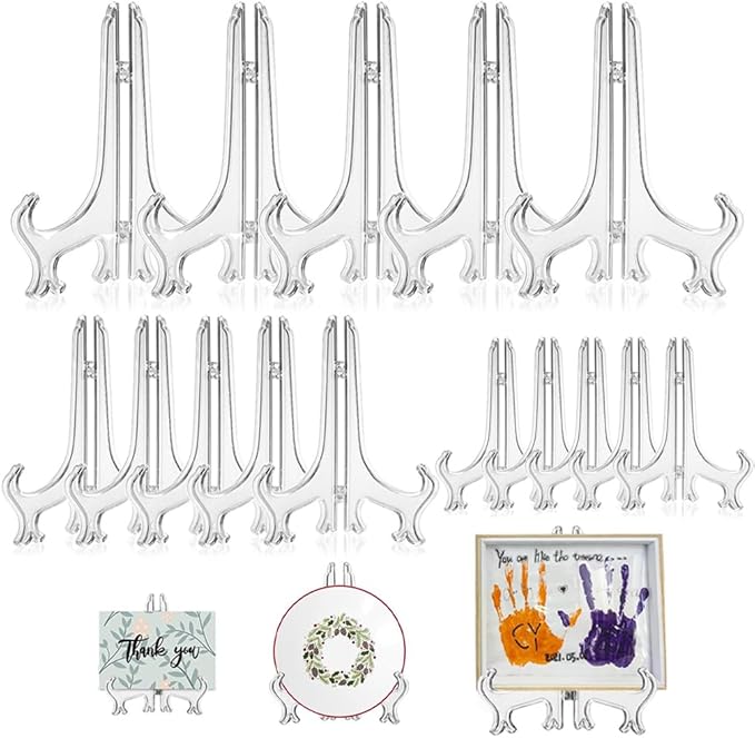 15Pack Clear Plastic Easels or Stand / Plate Holders to Display Pictures or Other Items, 3'', 5''and 7'' Folding Plate Holder at Weddings, Home Decoration, Birthdays, Tables