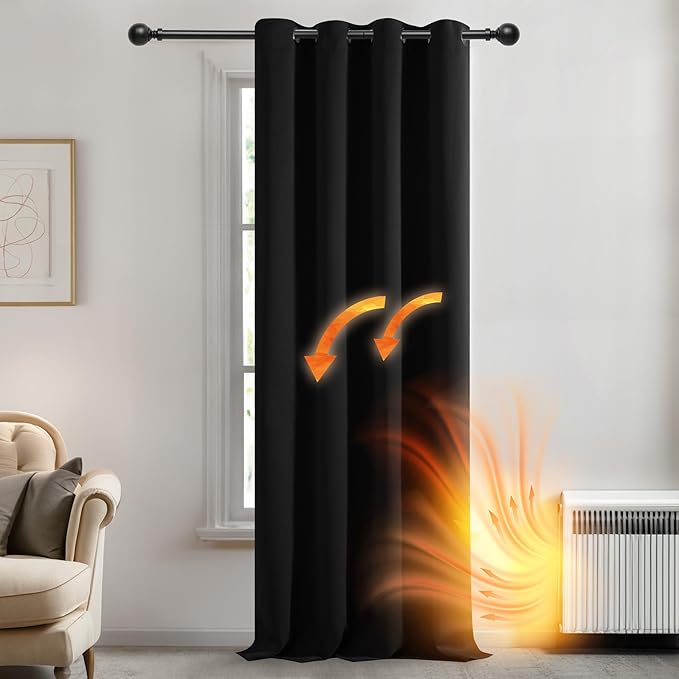 Deconovo Door Curtain Thermal Insulated Blackout Curtain Ring Top Panel for Girls Bedroom 52"x 84" Black 1 Panel