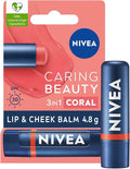 NIVEA Caring Beauty Coral Lip Balm SPF30 (4.8g), 3-in-1 Buttery Lip and Cheek Tint, Rich Colour and 24H Moisturisation with SPF 30 Protection