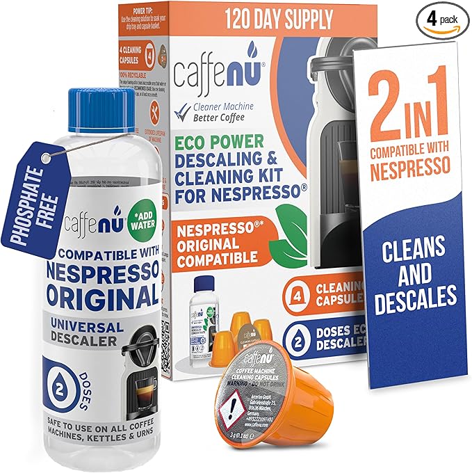 Nespresso Compatible Descaling Kit With Cleaning Capsules. 200ml Descaler Solution & 4 Cleaning Pods. Provides Hotter, Better Tasting Coffee. 4 Months Supply.