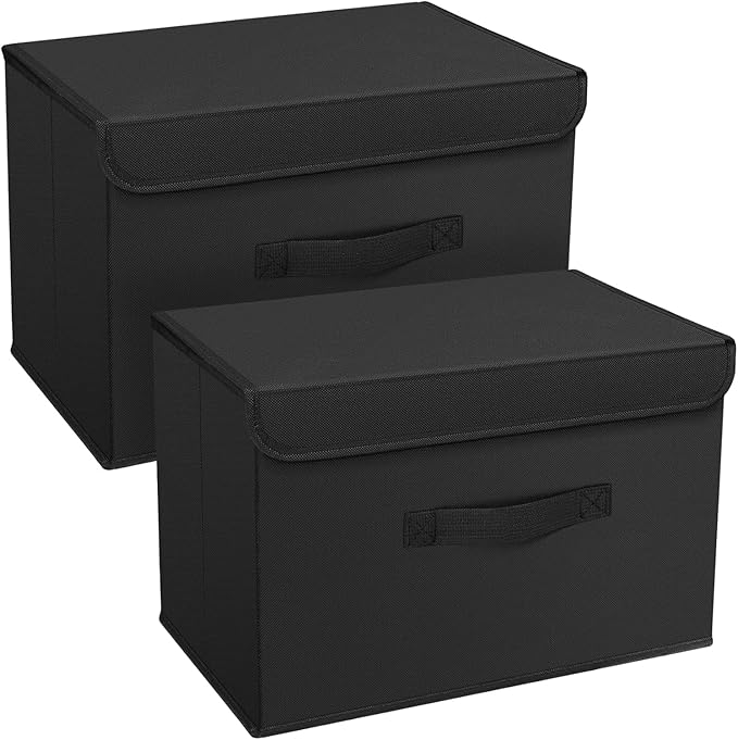 Foldable Storage Boxes with Lids - Wardrobe Organiser Bin with Handle Fabric Basket Containers for Clothes, Book, Shelf, Office, 38x25x25 cm, Black