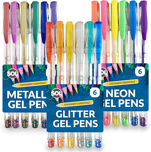 SOL 18pk Gel Pens, 3 Sets of Assorted Coloured Gel Pens for Writing, Glitter, Neon & Metallic Inks in Vibrant Colours, Smooth Ink Flow, Perfect for Journaling, Drawing, Crafting, and Office Supplies