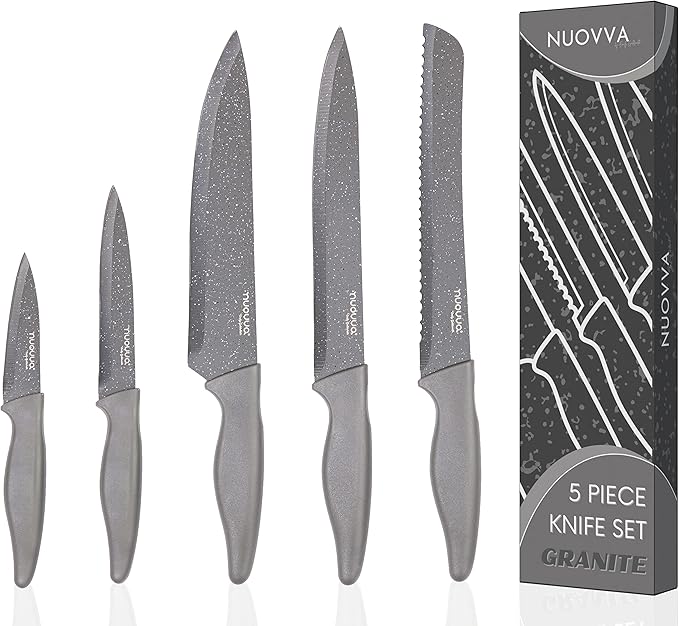 nuovva Professional Kitchen Knife Set – 5Pcs Stainless Steel Grey Granite Knife Set - Sharp & Non Stick Blades Lightweight – Chef, Bread, Utility, Filleting & Paring Tools
