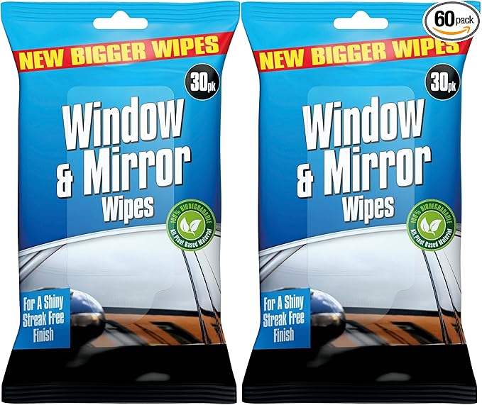 Premium Glass Wipes Car, Mirror, Window Car Glass Cleaner Wipes | Shiny Streak Free Cleans And Shines 2 x 30 Pack | Used on the Inside and Outside of the Car Window