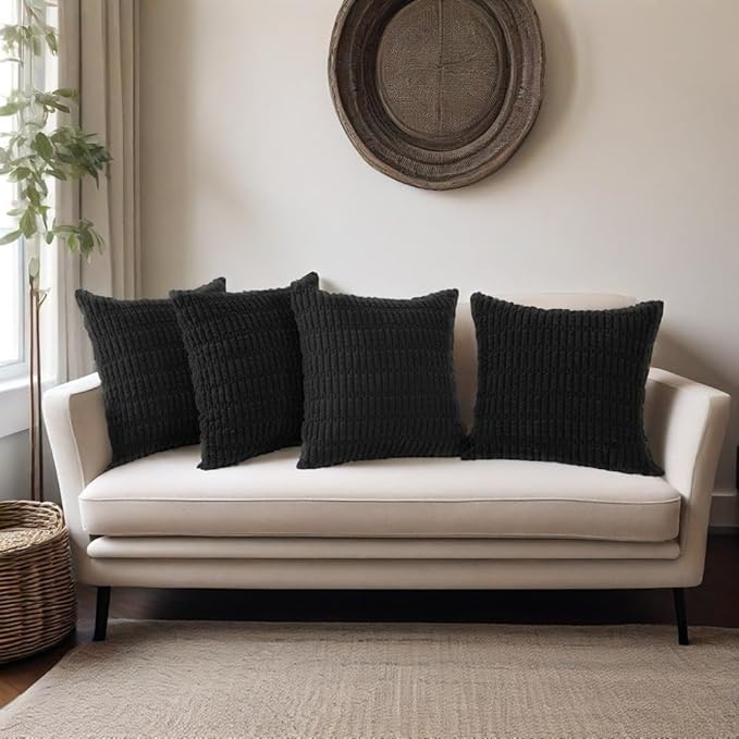 Black Corduroy Cushion Covers 45 x 45 cm Set of 4 Boho Decorative Square Throw Pillow Covers 18x18 Inch for Home Bohemian Decor Living Room Bedroom Sofa Couch