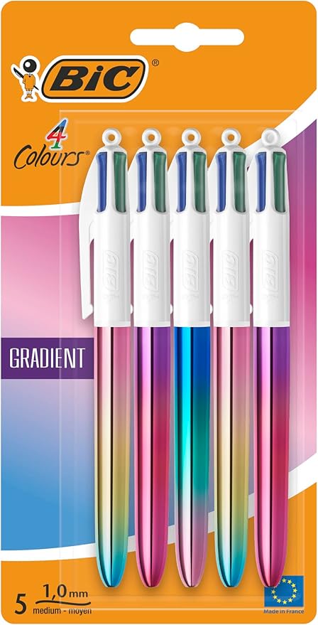 BiC 4 Colours Gradient Retractable Ball Pen Medium Points (1.00 mm) - Tri-Colour Gradient Barrel Designs, Pack of 5 (511011)