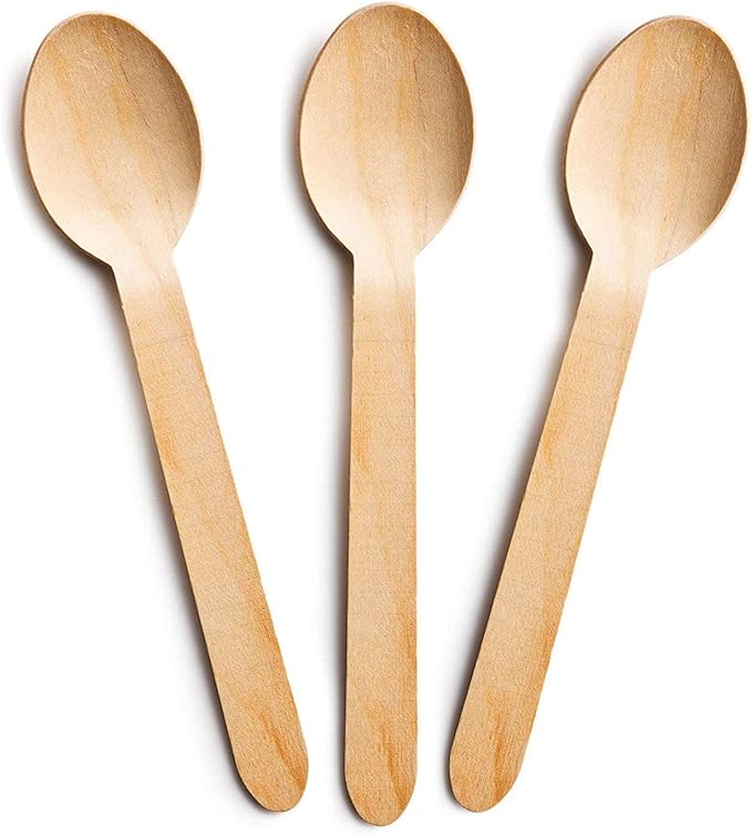 [ Pack of 100 ] Disposable Wooden Spoons, Biodegradable Wooden Spoon - 16cm Long | Eco Friendly & Plastic Free Wooden Spoons - Ideal for Wedding, Picnic, Party, Office (Spoons)