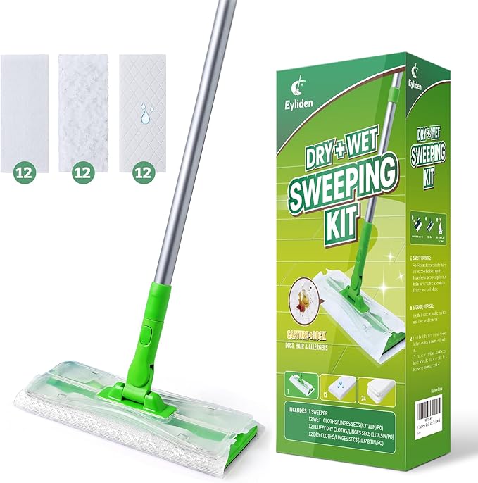 Eyliden Mop Starter Kit with 36 Refills( 12 Wet Wipes + 24 Dry Cloths), 3 in 1 Disposable Sweeper Mops for Cleaning Floors, Household Dry & Wet Floor Mops for Hardwood Tile Laminate Kitchen Bathroom
