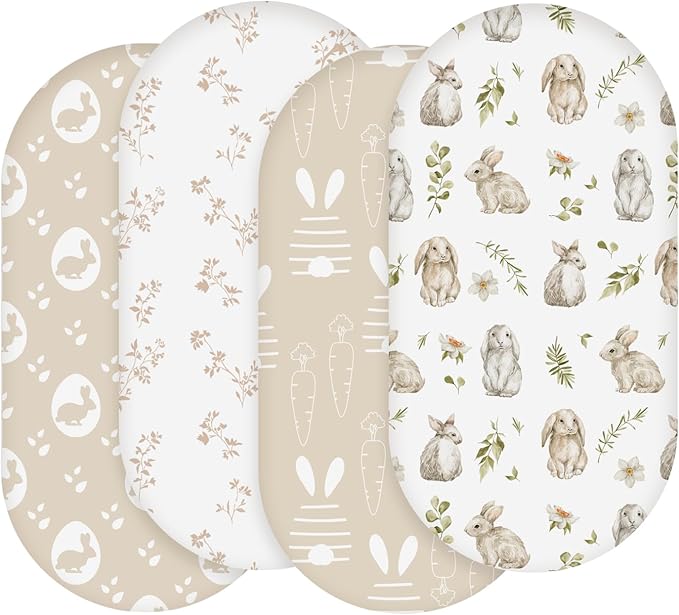Moses Basket Sheets 82 * 41cm, Baby Bassinet Sheets Pram Sheet Fitted for Boy and Girl, Crib Fitted Sheets Oeko-tex100 Fit for Oval, Hourglass & Rectangle Bassinet 4 Packs Rabbit Style