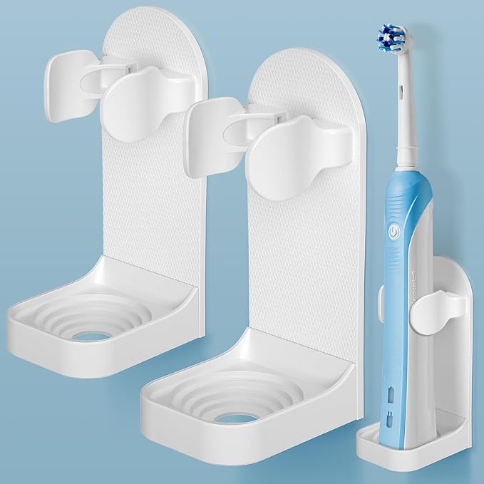 HOMMAND Electric Toothbrush Holder 2 Packs, Upgraded Strong Adhesive Electric Toothbrush Holder Wall Mounted, Adjustable Electric Toothbrush Stand Toothbrush Organizer for Bathroom (Universal), White