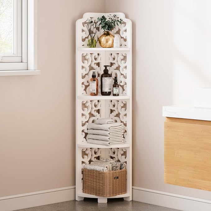 Dripex White Corner Shelf, Free Standing Shelf, Floor Storage Unit for Bathroom, Living Room or Bedroom(4 Tier Baroque Style)
