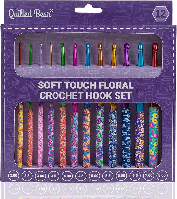 The Quilted Bear Floral Crochet Hook Set – 12 Premium Soft Grip Crochet Hooks with Ergonomic Polymer Clay Handles for Comfortable & Effortless Crocheting (2mm–8mm)