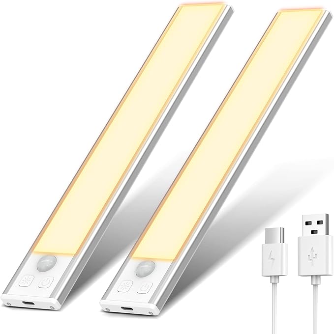 OUILA Under Cabinet Kitchen Lights, 3000K Cold White 32 LED Motion Sensor Lights Indoor, 1000mAh USB-C Rechargeable LED Lights for Cupboard, Kitchen (20.5cm - 2Pack, Warm)[Energy Class A]