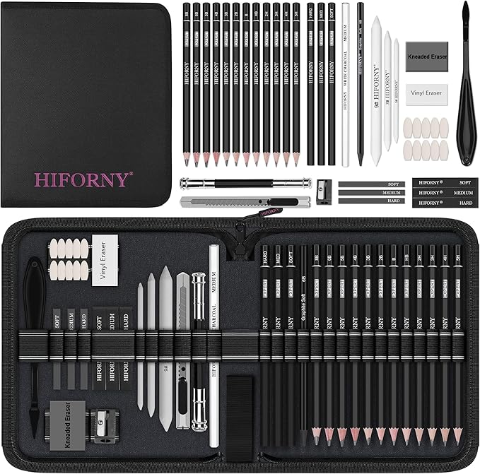 HIFORNY 42 PCS Drawing Set, Sketching Kit with Graphite and Charcoal Pencils, Blending Tools, Erasers & Accessories in Portable Zipped Case for Artists, Students & Beginners