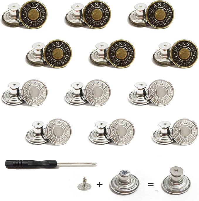 12 PCS Jean Buttons, 17mm No Sew Adjustable Jeans Buttons, Removable Metal Button with Screwdriver Replacement Jean Button, for Jeans, Pants, Bags, Denim Clothing (Bronze+Silver)