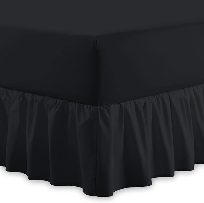 Plain 100% Egyptian Cotton Fitted Valance Sheet | Easy Care 16" / 40cm Extra Deep Frilled Valance Fitted Bed Sheet - Machine Washable - Single Double King Size (Black, 4FT - Small Double)