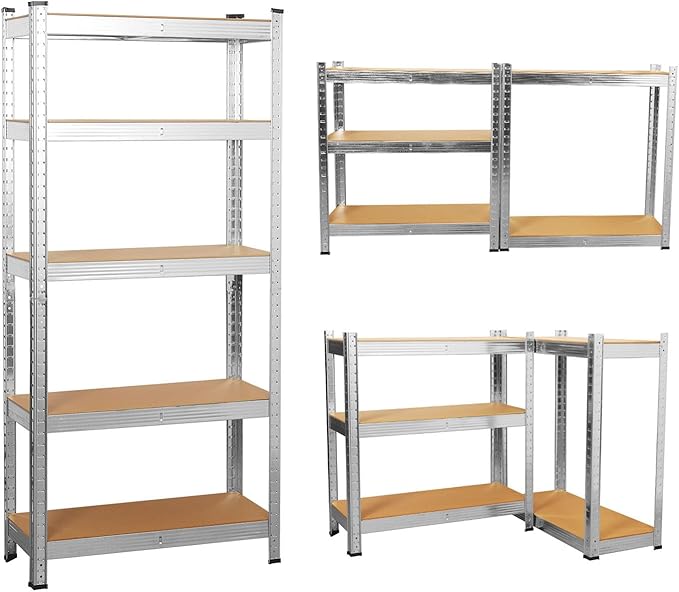 5 Tier Garage Shelves Metal Storage Shelving Heavy Duty Shed Storage Racking Unit Adjustable Boltless for Warehouse Workshop Office (Silver, 90x40x180cm)
