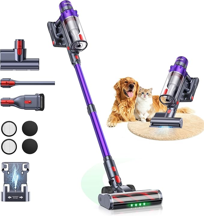 SMOTURE VAC02 Cordless Vacuum Cleaner,600W 50KPA Stick Vacuum with Removable Battery (65Mins ECO), Mattress vacuum,Auto-Mode Touch Screen,Wall Mount, Self-Standing&Fragrance Tablet for Floor Carpet