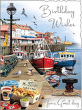Jonny Javelin Male Birthday Card - Happy Birthday Card with Artistic Fishing Boats Harbour Design and Embossed Foil Details - Birthday Card for Men