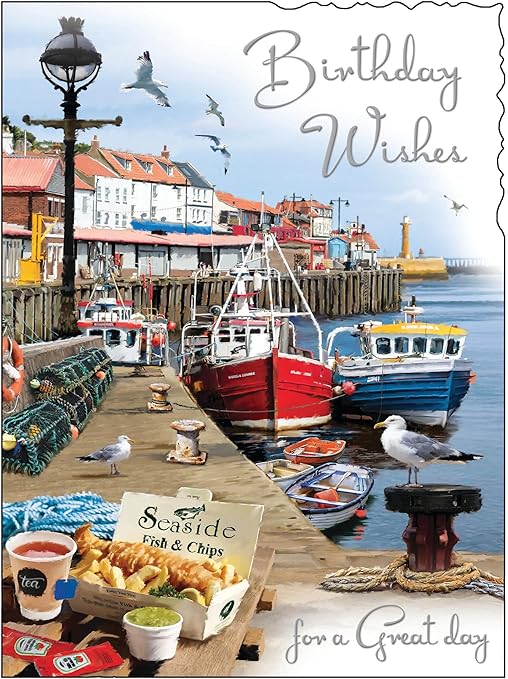 Jonny Javelin Male Birthday Card - Happy Birthday Card with Artistic Fishing Boats Harbour Design and Embossed Foil Details - Birthday Card for Men