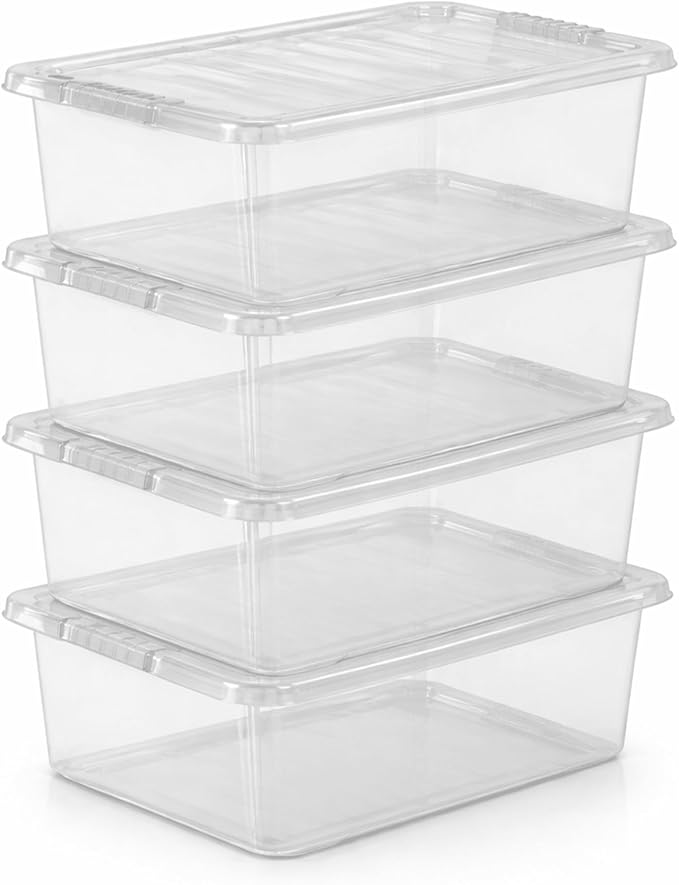 Underbed Storage Boxes with Lids 32L – 4 Pack Clear Plastic Storage Containers, Stackable Storage Boxes for Clothes, Shoes, Bedding, Wardrobe & Home Organisation (Clear Lid – Pack of 4)