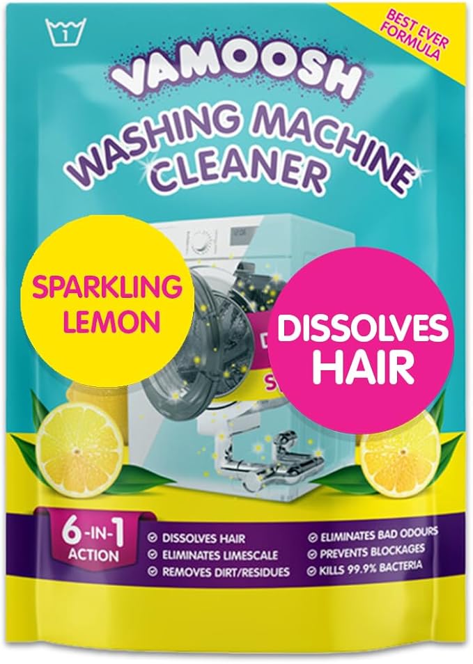 Vamoosh 6-in-1 Washing Machine Cleaner, Dissolves Hair, Eliminates Bad Odours, Removes Limescale, Deep Clean, Leaves Smelling Fresh, Antibacterial, Descales (Lemon, Single Pack)