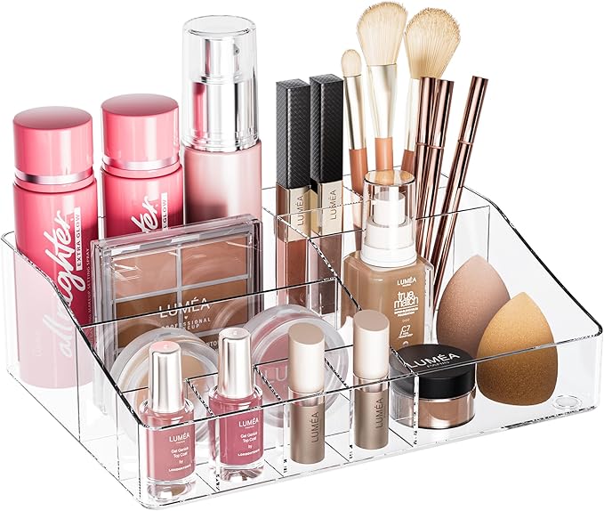 Clear Makeup Organizer, Transparent Cosmetic Organisers for Lipsticks, Jewelry, Nail Care, Skincare Organiser for Vanity, Ideal Desk Organizer for Dresser and Bathroom (Clear)