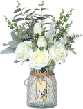 Faux Flowers with Vase Artificial White Rose Flowers in Vase Fake Eucalyptus Plant Floral Arrangement for Table Centerpieces, Baby Shower, Home Kitchen Office Coffee Shop Decorations