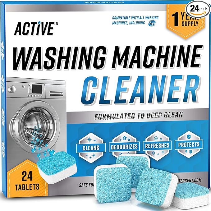 Washing Machine Cleaner Descaler 24 Tablets - ACTIVE Deep Clean Freshener for HE, Front and Top Load Washer, Septic Safe Eco Limescale and Odour Eliminator, Laundry Tub Seal Cleaning- 12 Month Supply