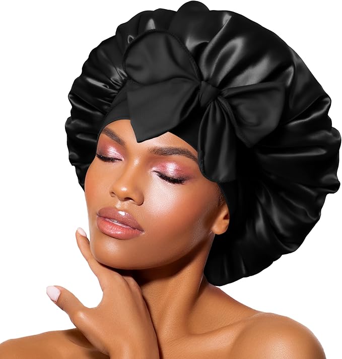 BONNET QUEEN Satin Bonnet Cool Breathable Single Layer Silk Bonnet for Sleeping Women Hair Cap Night Sleep Cap Scarf Wrap for Curly Hair with Tie Band, Black