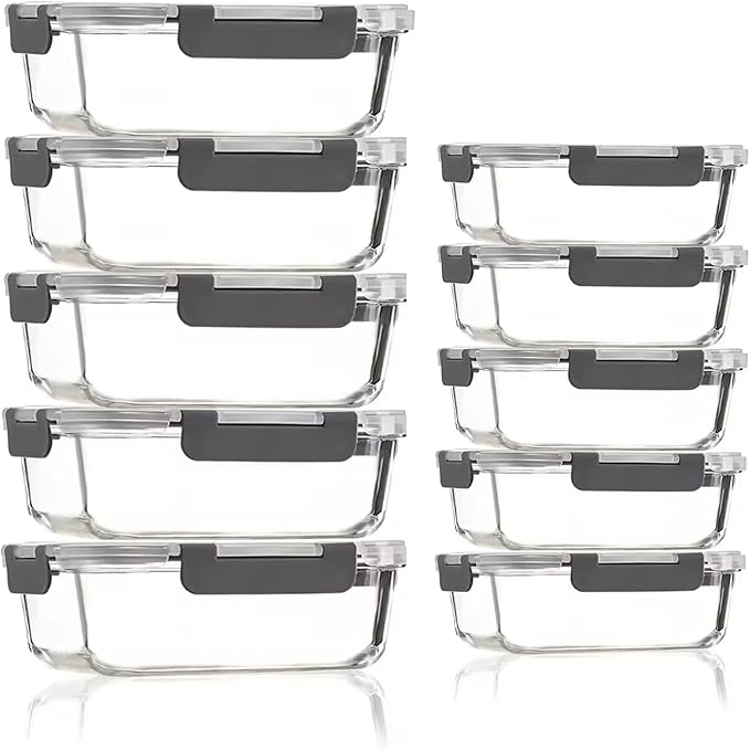 Glass Containers with Lids, 10 Pack Airtight Glass Meal Prep Containers, Food Storage Containers, Reusable, Stackable, Microwave, Oven, Freezer and Dishwasher, 1050ml & 370ml (Gray)