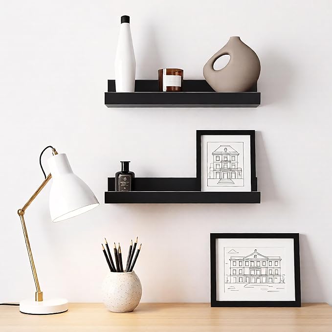 GEEZY Black Floating Shelves for Wall, Set of 2 - Modern Seamless Mounting, Easy Install Picture Ledge Display Shelf for Decor, Collectibles - Home, Bedroom, Bathroom, Office, 30x10x5cm