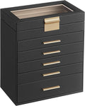 SONGMICS Jewellery Box with Glass Lid, 6-Layer Jewellery Storage Organiser with 5 Drawers, Plenty of Storage, Modern, Gift Idea, 16.3 x 25.1 x 29 cm, Graphite Black and Gold Colour JBC171B01