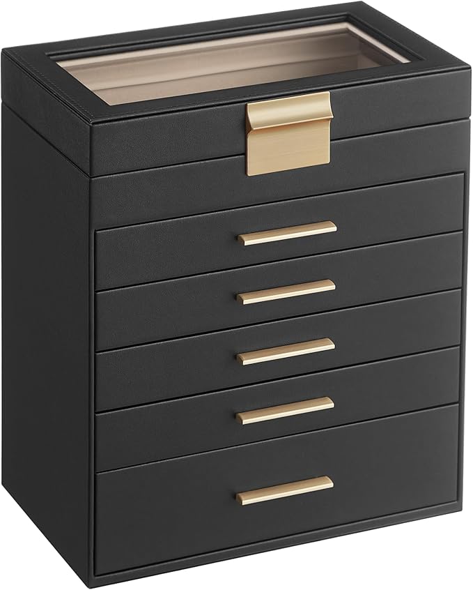 SONGMICS Jewellery Box with Glass Lid, 6-Layer Jewellery Storage Organiser with 5 Drawers, Plenty of Storage, Modern, Gift Idea, 16.3 x 25.1 x 29 cm, Graphite Black and Gold Colour JBC171B01
