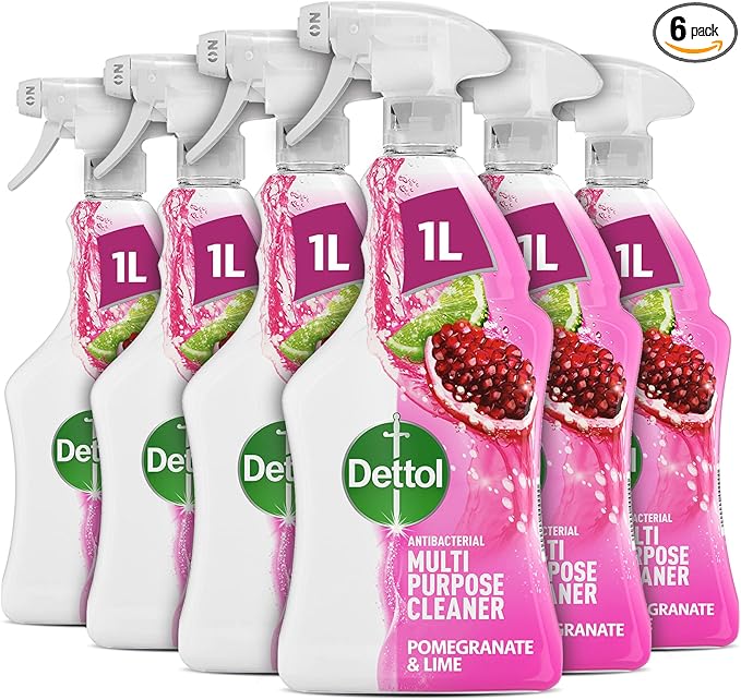 Dettol Antibacterial Disinfectant Spray, Pomegranate And Lime, 6-Pack (6X1L), Total 6L, Kills 99.99% Of Germs, Kitchen Household Cleaner, First Aid Box Essential