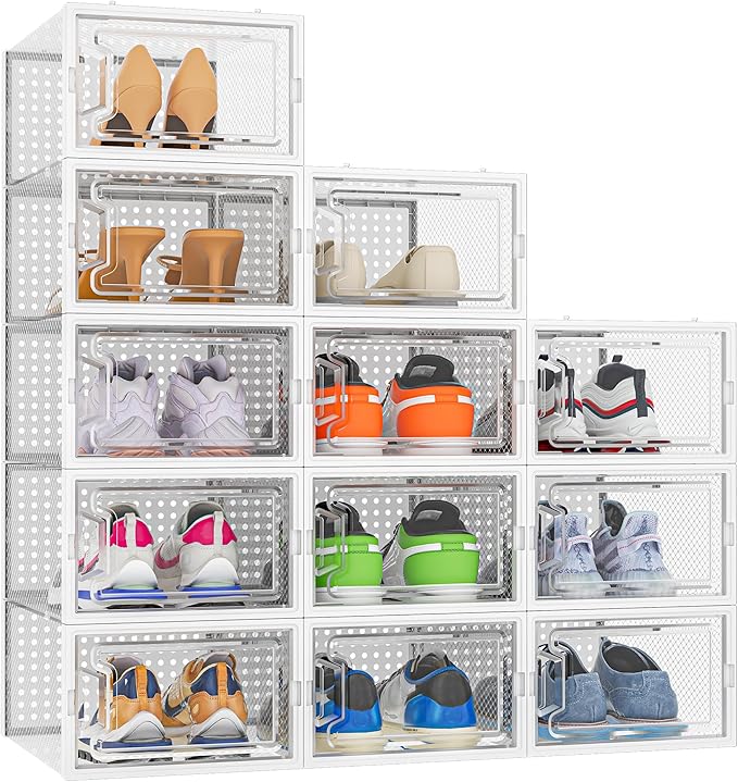 HOMIDEC Shoe Storage Box,12 pcs Stackable Shoe Boxes Clear Plastic Shoe Organizer Shoe Containers with Lids for Women/Men,Fit UK 9.5