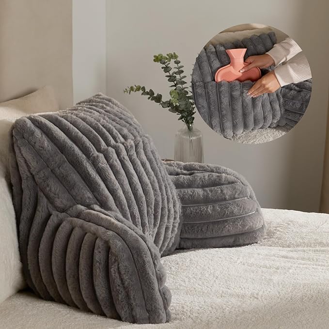OHS Cuddle Cushion, Valentines Gifts for Her Ribbed Faux Fur Comfy Reading Pillows Sofy Cosy Gaming Cushion with Heatable Pocket Support Pillow with Arms Bed Seat for Relaxing Working, Grey