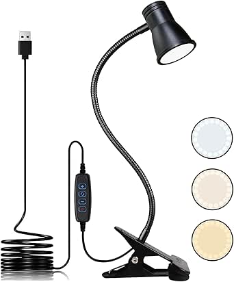 USB LED Desk Lamp With Clip - 3 Light Modes, 10 Dimmable Brightness Levels, Eye-Caring Reading Light for Bed, Headboard, Studying and Working