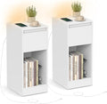 VASAGLE Slim Bedside Tables with Charging Station and LED Light, Set of 2 Narrow Side End Tables, USB Ports, Drawer and Open Compartment, for Bedroom, Living Room, Cloud White LET710W01
