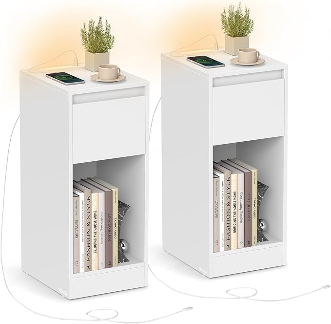 VASAGLE Slim Bedside Tables with Charging Station and LED Light, Set of 2 Narrow Side End Tables, USB Ports, Drawer and Open Compartment, for Bedroom, Living Room, Cloud White LET710W01