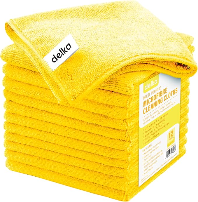 delka Microfibre Cleaning Cloths –Multi-Purpose, Ultra Soft & Lint-Free –Reusable, Streak-Free for Kitchen, Car, Glass, Windows & Electronics (Yellow, 12 Pack)