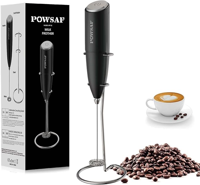 Milk Frother Handheld for Coffee with Stand - POWSAF Hand frother Wand, Electric Whisk Drink Mixer Mini Foamer for Cappuccino, Frappe, Matcha, Hot Chocolate, Silver/Black