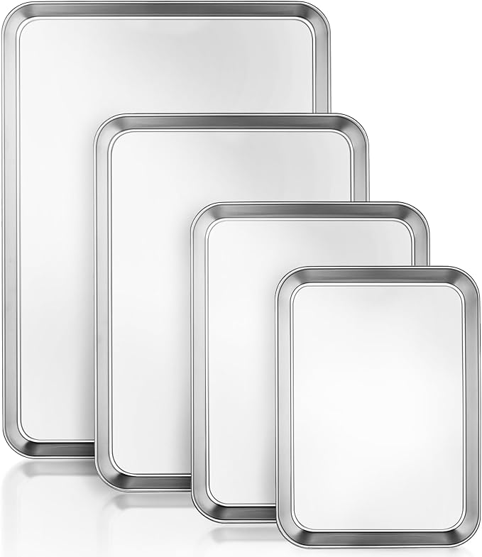 Baking Tray Set of 4, Essentials Stainless Steel Oven Tray Sets, Easy Cleaning Rectangle Sheet Oven Tray for Baking Cooking, Non Toxic, Rust Free, Dishwasher Safe (Large Size)